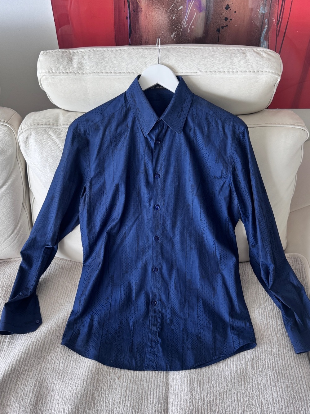 Versace Men's Dark Navy Patterned Long-Sleeve Dress Shirt - Picture 10 of 13